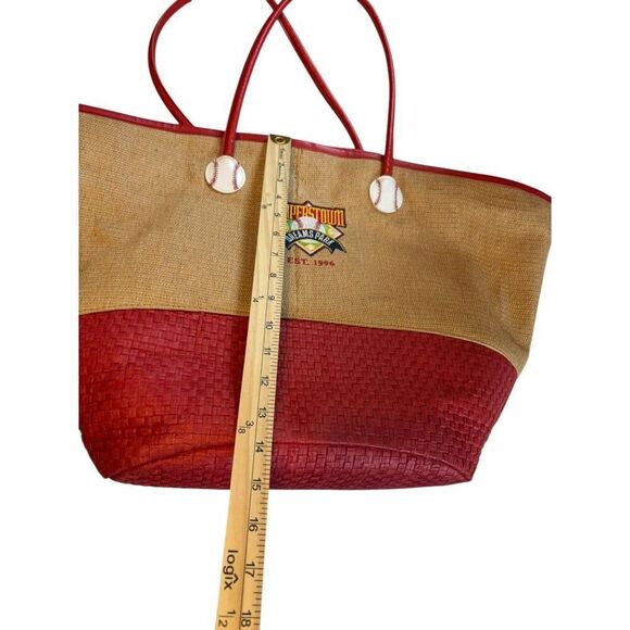 Cooperstown Dreams Park Baseball Themed Tote Bag With Red & Beige Straw Design - Picture 2 of 9